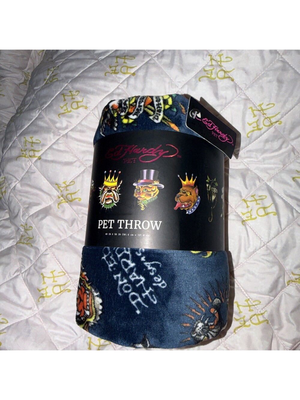 Ed Hardy navy blue Dog Blanket Throw Flowers tiger Asian True 40x50 NWT